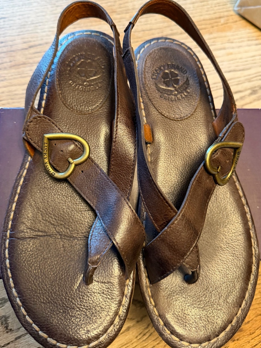 Lucky Brand Originals-Tobacco Brown Leather Heart-Buckle Slingback Sandals